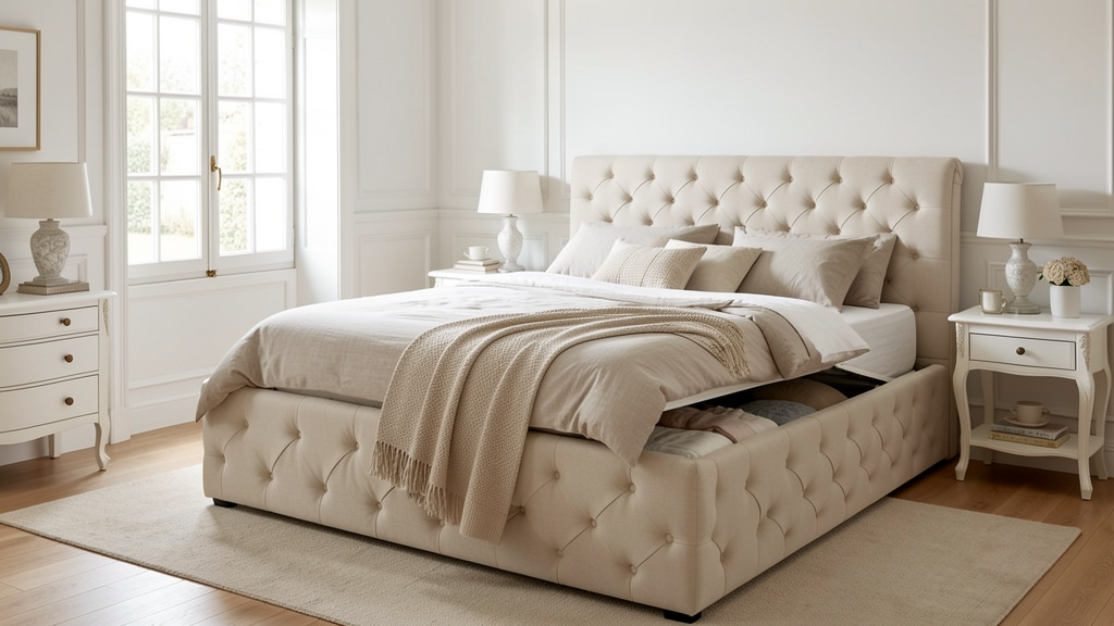 Sweiko Lit 160x200 cm en lin capitonné avec rangement beige