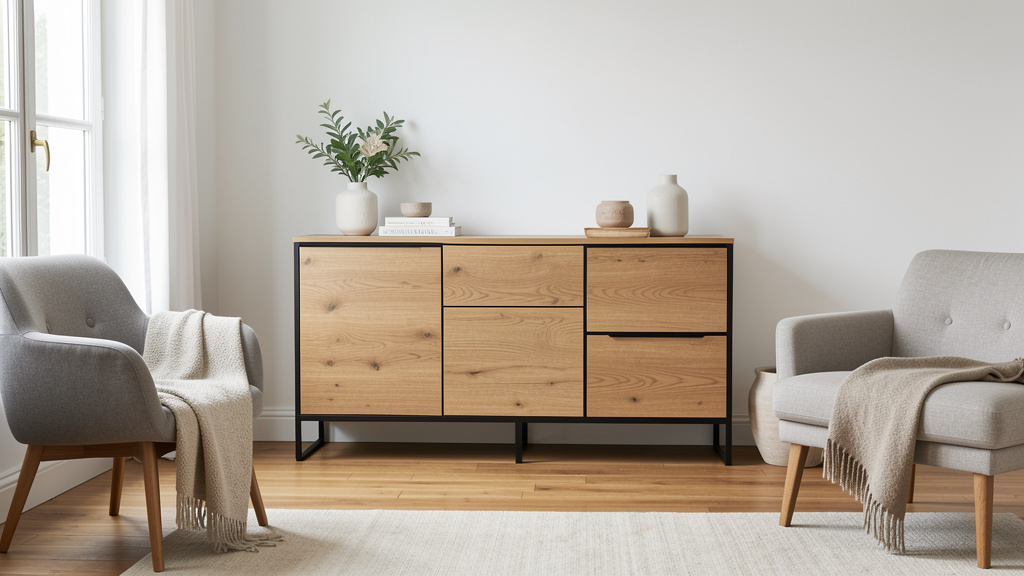 IDMarket Buffet Ester Noir 4 portes 140 cm